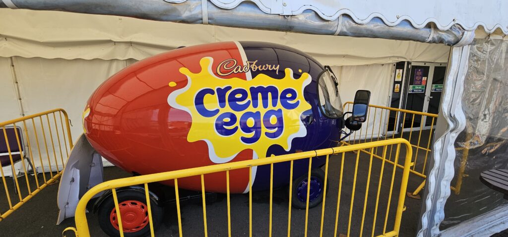 Cadbury Creme egg van in the shape of a creme egg